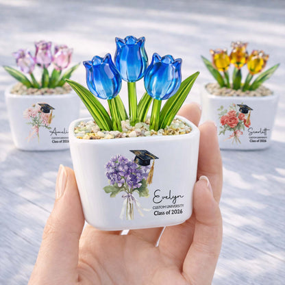 Class Of Birth Month Flowers And Graduation Cap With Glass Tulips - Personalized Custom Glass Everlasting Tulips - GRAD457_GLATU
