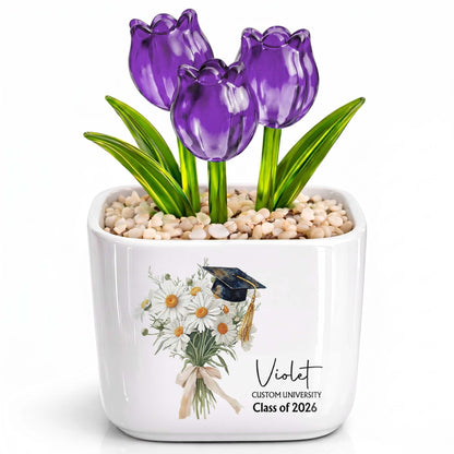 Class Of Birth Month Flowers And Graduation Cap With Glass Tulips - Personalized Custom Glass Everlasting Tulips - GRAD457_GLATU