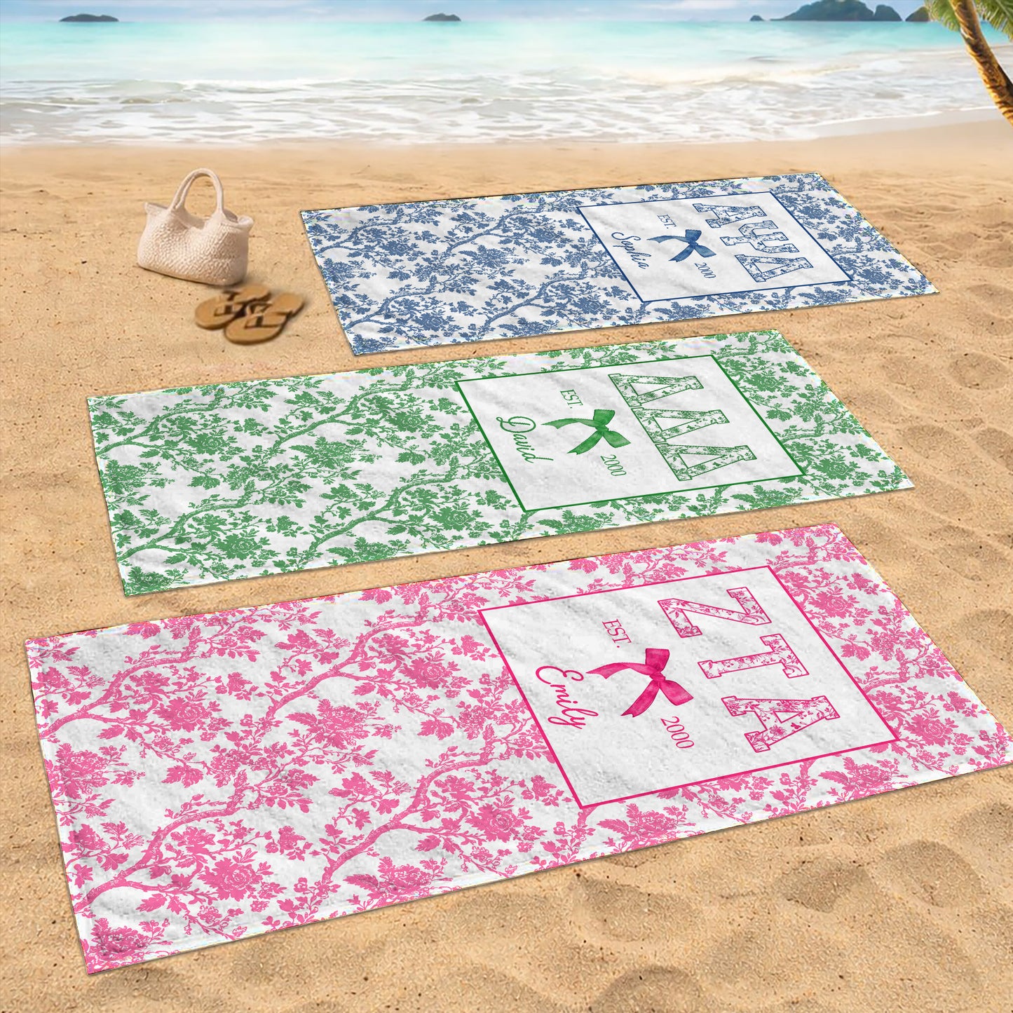 EST. Greek Letters With Blue Toile Flowers And Bow - Personalized Beach Towel - GRAD474_BETO