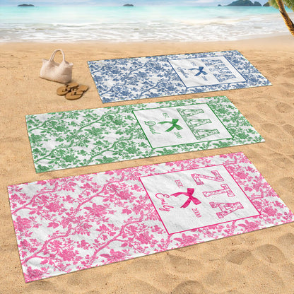EST. Greek Letters With Blue Toile Flowers And Bow - Personalized Beach Towel - GRAD474_BETO