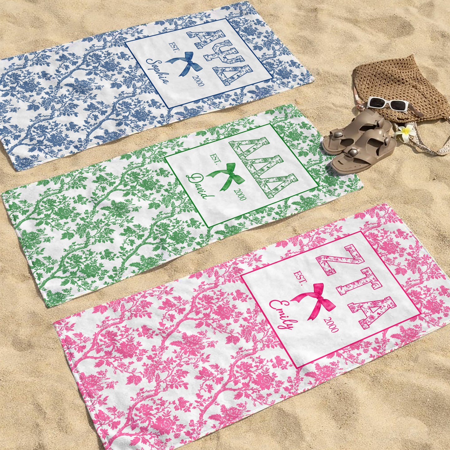 EST. Greek Letters With Blue Toile Flowers And Bow - Personalized Beach Towel - GRAD474_BETO