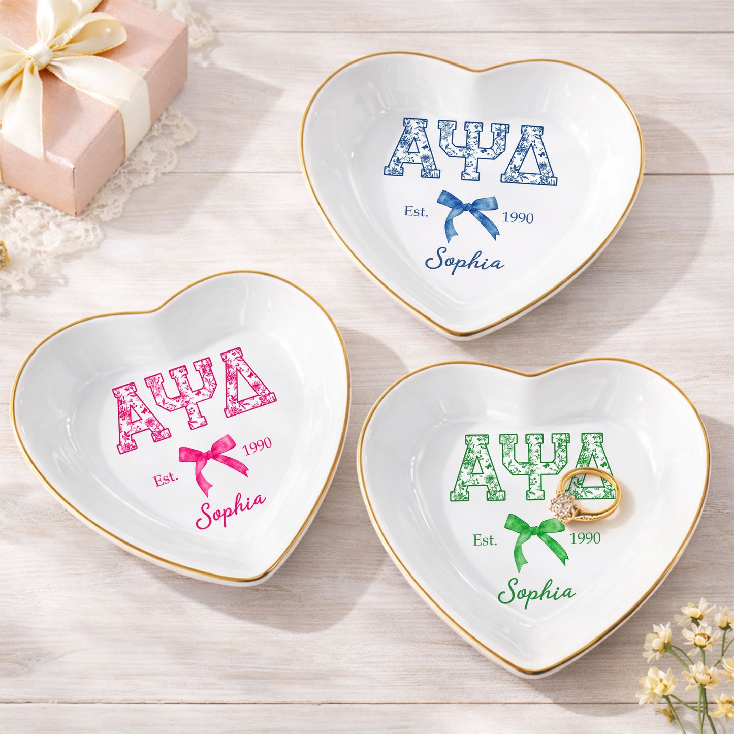 Sorority Greek Letters Floral Pattern Blue Bow Jewelry Dish - Personalized Custom Jewelry Dish, Ceramic Dish, Heart Shape - GRAD474_HCRF