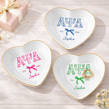 Sorority Greek Letters Floral Pattern Blue Bow Jewelry Dish - Personalized Custom Jewelry Dish, Ceramic Dish, Heart Shape - GRAD474_HCRF