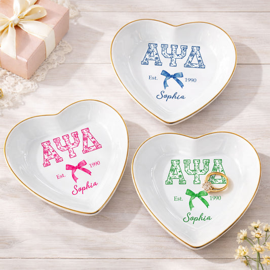 Sorority Greek Letters Floral Pattern Blue Bow Jewelry Dish - Personalized Custom Jewelry Dish, Ceramic Dish, Heart Shape - GRAD474_HCRF