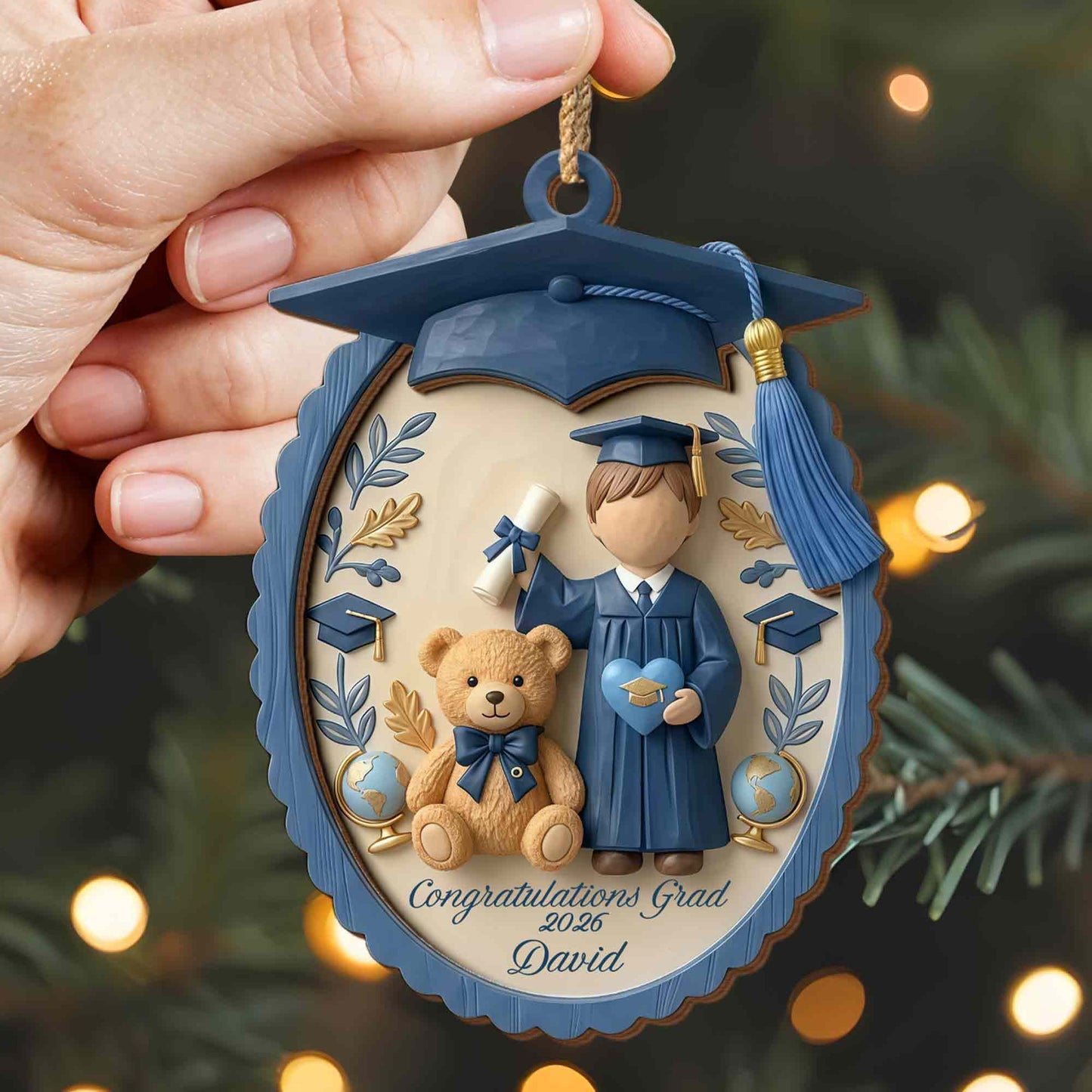 Congratulations Grad With Teddy Bear And Graduation Cap - Personalized Double Layer Wood Ornament - GRAD476_DWO