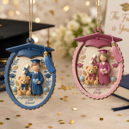 Congratulations Grad With Teddy Bear And Graduation Cap - Personalized Double Layer Wood Ornament - GRAD476_DWO
