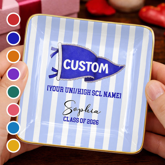 University Class Of Graduation Pennant Flag Striped Design - Personalized Custom Jewelry Dish, Ceramic Dish, Square Shape - GRAD477_SCRF