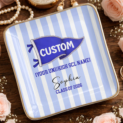 University Class Of Graduation Pennant Flag Striped Design - Personalized Custom Jewelry Dish, Ceramic Dish, Square Shape - GRAD477_SCRF