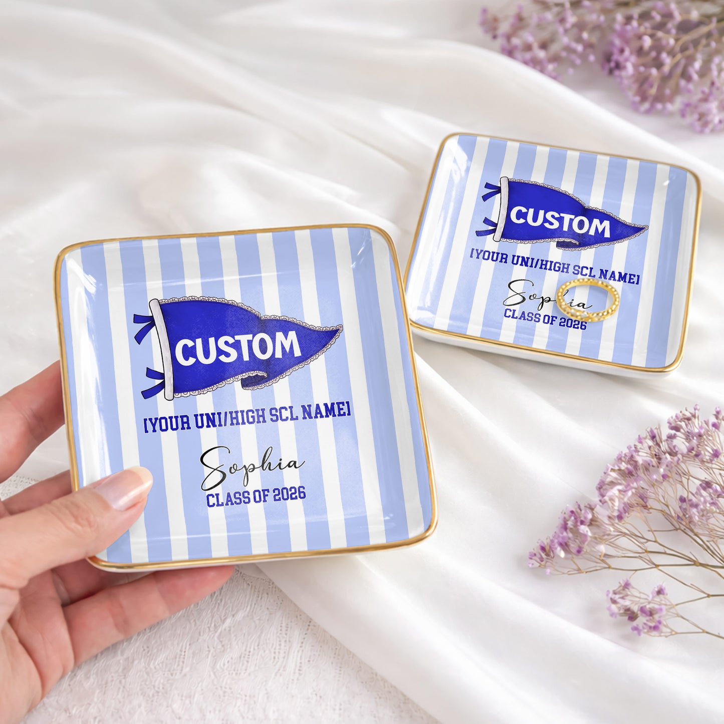 University Class Of Graduation Pennant Flag Striped Design - Personalized Custom Jewelry Dish, Ceramic Dish, Square Shape - GRAD477_SCRF