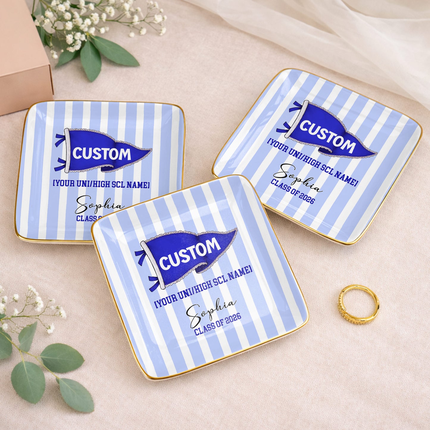 University Class Of Graduation Pennant Flag Striped Design - Personalized Custom Jewelry Dish, Ceramic Dish, Square Shape - GRAD477_SCRF