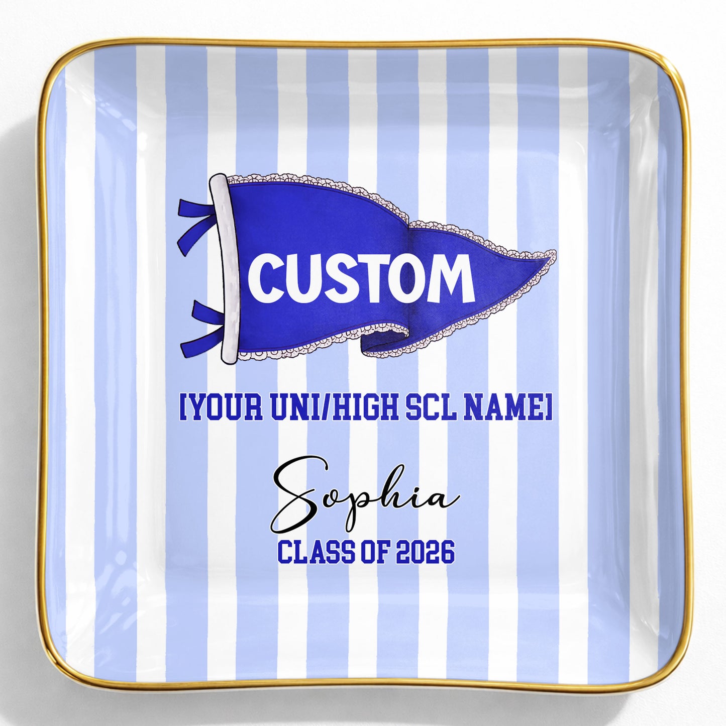 University Class Of Graduation Pennant Flag Striped Design - Personalized Custom Jewelry Dish, Ceramic Dish, Square Shape - GRAD477_SCRF