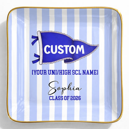 University Class Of Graduation Pennant Flag Striped Design - Personalized Custom Jewelry Dish, Ceramic Dish, Square Shape - GRAD477_SCRF