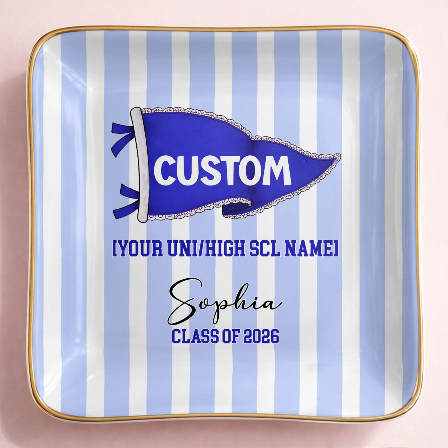 University Class Of Graduation Pennant Flag Striped Design - Personalized Custom Jewelry Dish, Ceramic Dish, Square Shape - GRAD477_SCRF