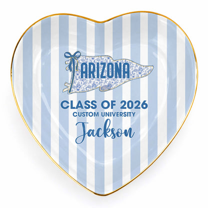Class of University of Arizona Pennant Flag Stripes Heart Dish - Personalized Custom Jewelry Dish, Ceramic Dish, Heart Shape - GRAD478_HCRF