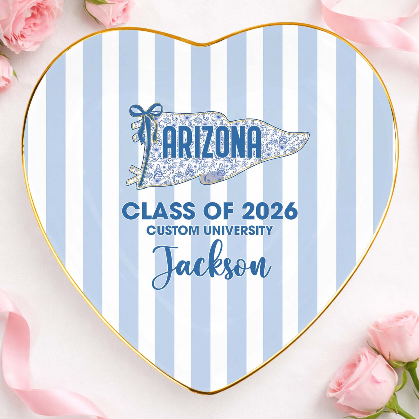 Class of University of Arizona Pennant Flag Stripes Heart Dish - Personalized Custom Jewelry Dish, Ceramic Dish, Heart Shape - GRAD478_HCRF