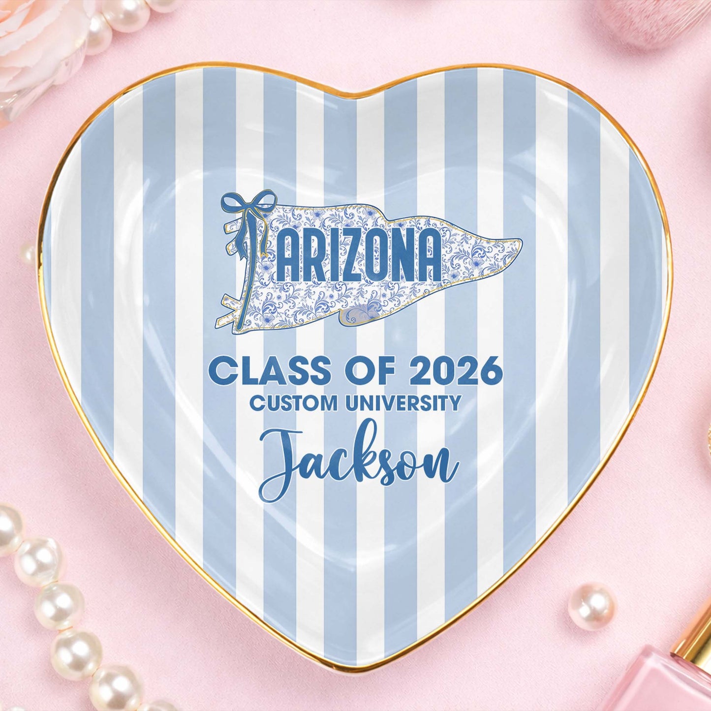 Class of University of Arizona Pennant Flag Stripes Heart Dish - Personalized Custom Jewelry Dish, Ceramic Dish, Heart Shape - GRAD478_HCRF