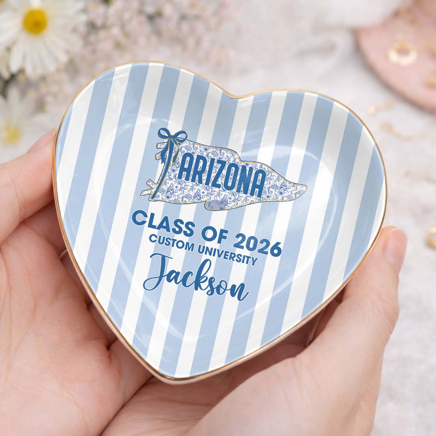 Class of University of Arizona Pennant Flag Stripes Heart Dish - Personalized Custom Jewelry Dish, Ceramic Dish, Heart Shape - GRAD478_HCRF