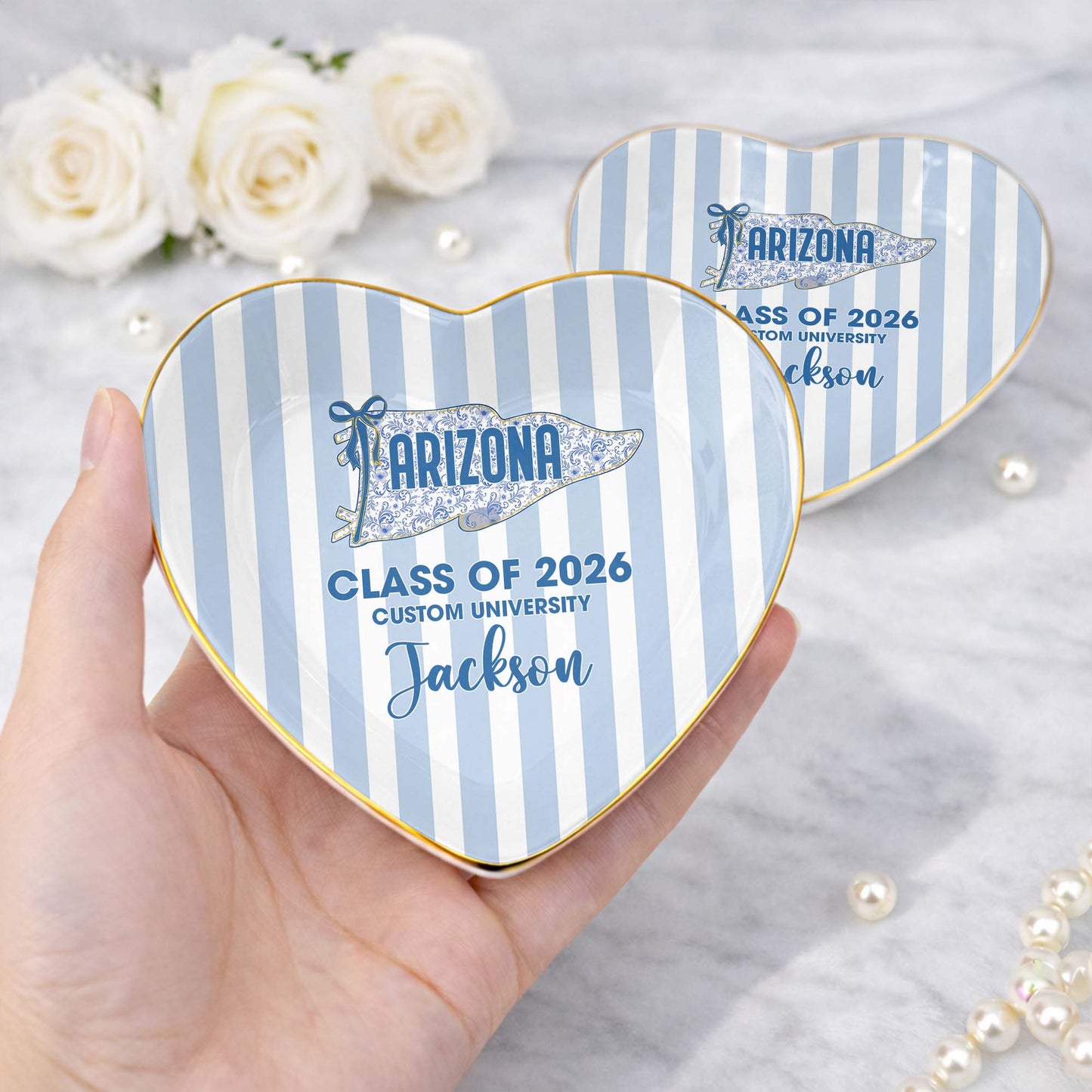 Class of University of Arizona Pennant Flag Stripes Heart Dish - Personalized Custom Jewelry Dish, Ceramic Dish, Heart Shape - GRAD478_HCRF