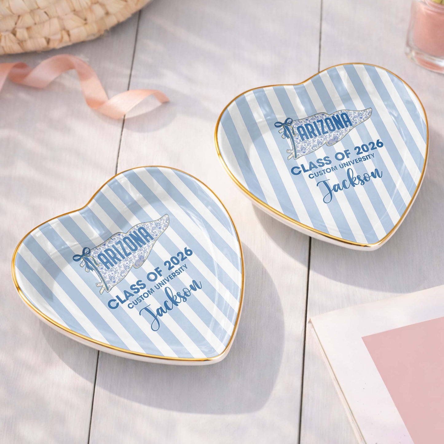 Class of University of Arizona Pennant Flag Stripes Heart Dish - Personalized Custom Jewelry Dish, Ceramic Dish, Heart Shape - GRAD478_HCRF