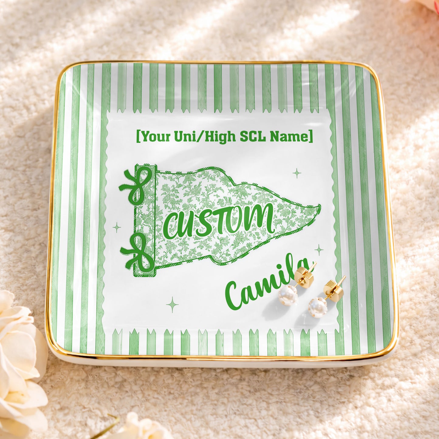 University Of Southern California USC Pennant Flag With Stripes - Personalized Custom Jewelry Dish, Ceramic Dish, Square Shape - GRAD480_SCRF