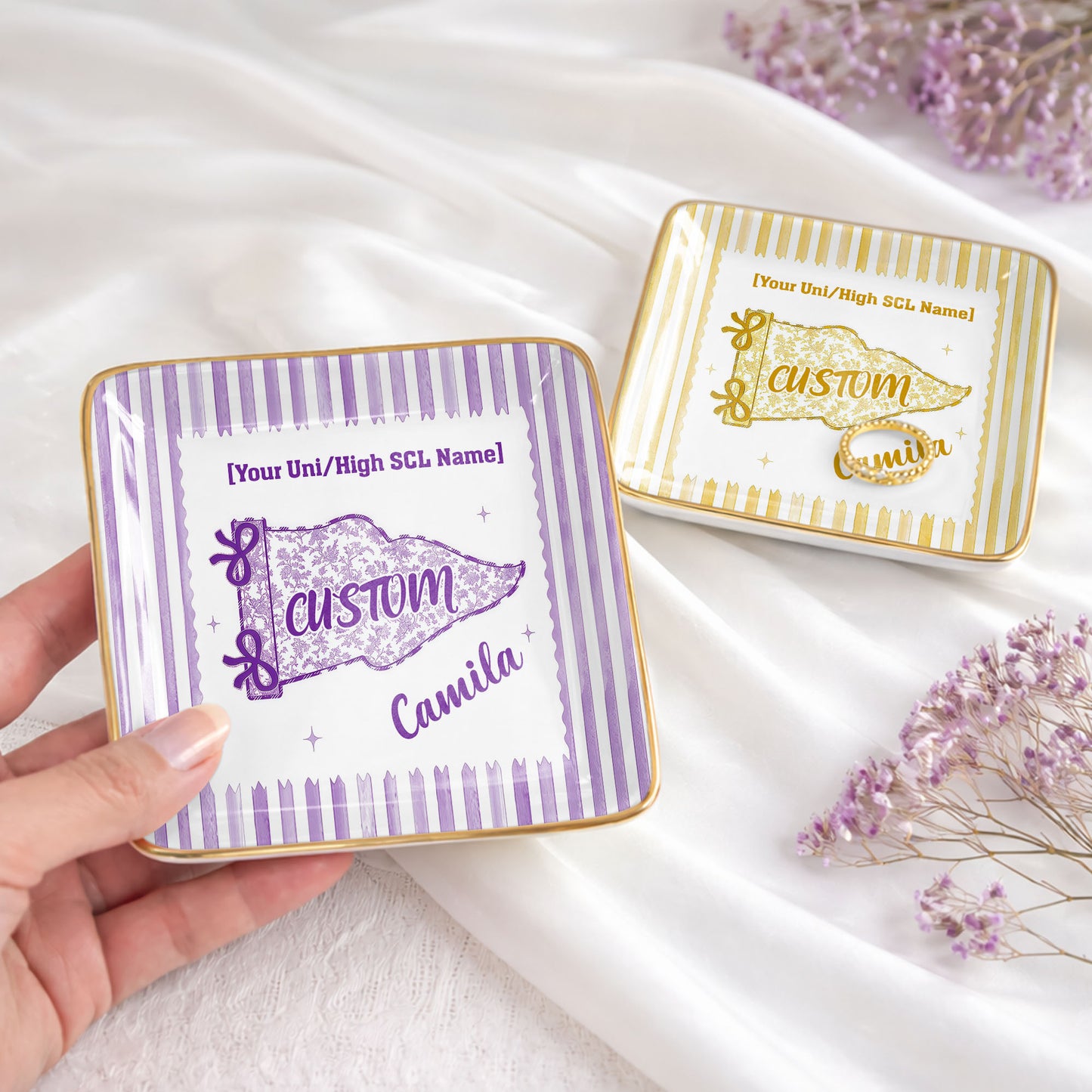 University Of Southern California USC Pennant Flag With Stripes - Personalized Custom Jewelry Dish, Ceramic Dish, Square Shape - GRAD480_SCRF