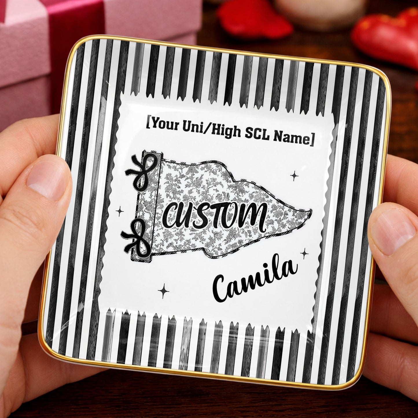 University Of Southern California USC Pennant Flag With Stripes - Personalized Custom Jewelry Dish, Ceramic Dish, Square Shape - GRAD480_SCRF