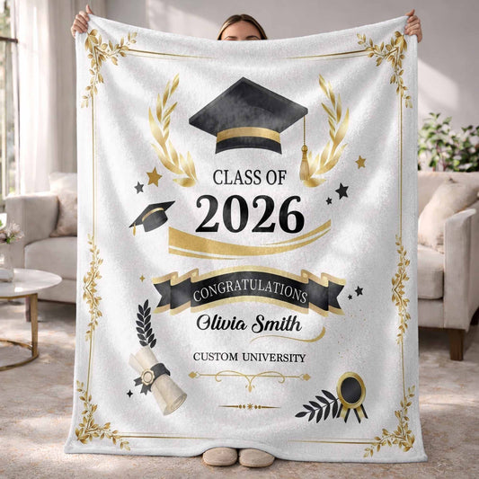 Class Of Congratulations Graduation Cap And Diploma Laurel Frame - Personalized Custom Blanket - GRAD484_BLK