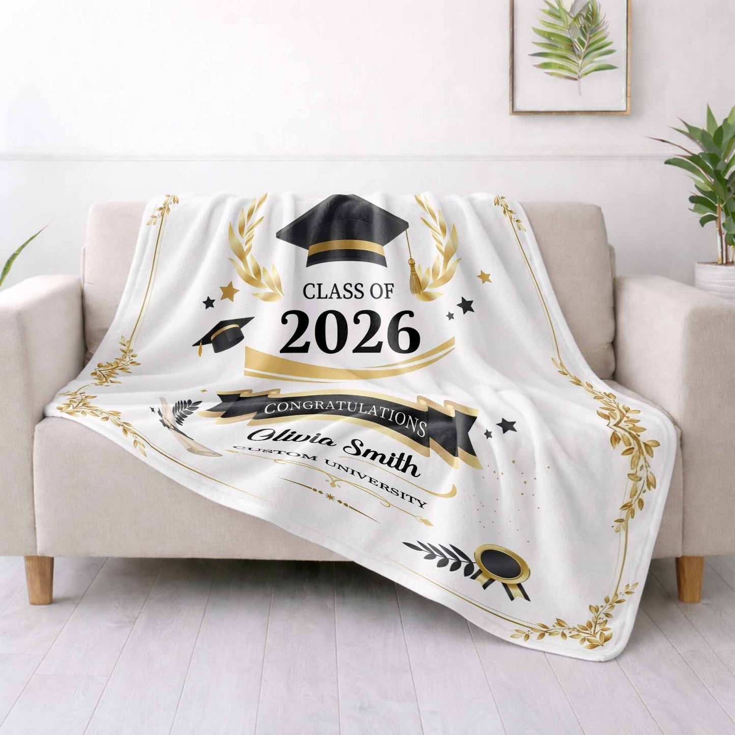 Class Of Congratulations Graduation Cap And Diploma Laurel Frame - Personalized Custom Blanket - GRAD484_BLK