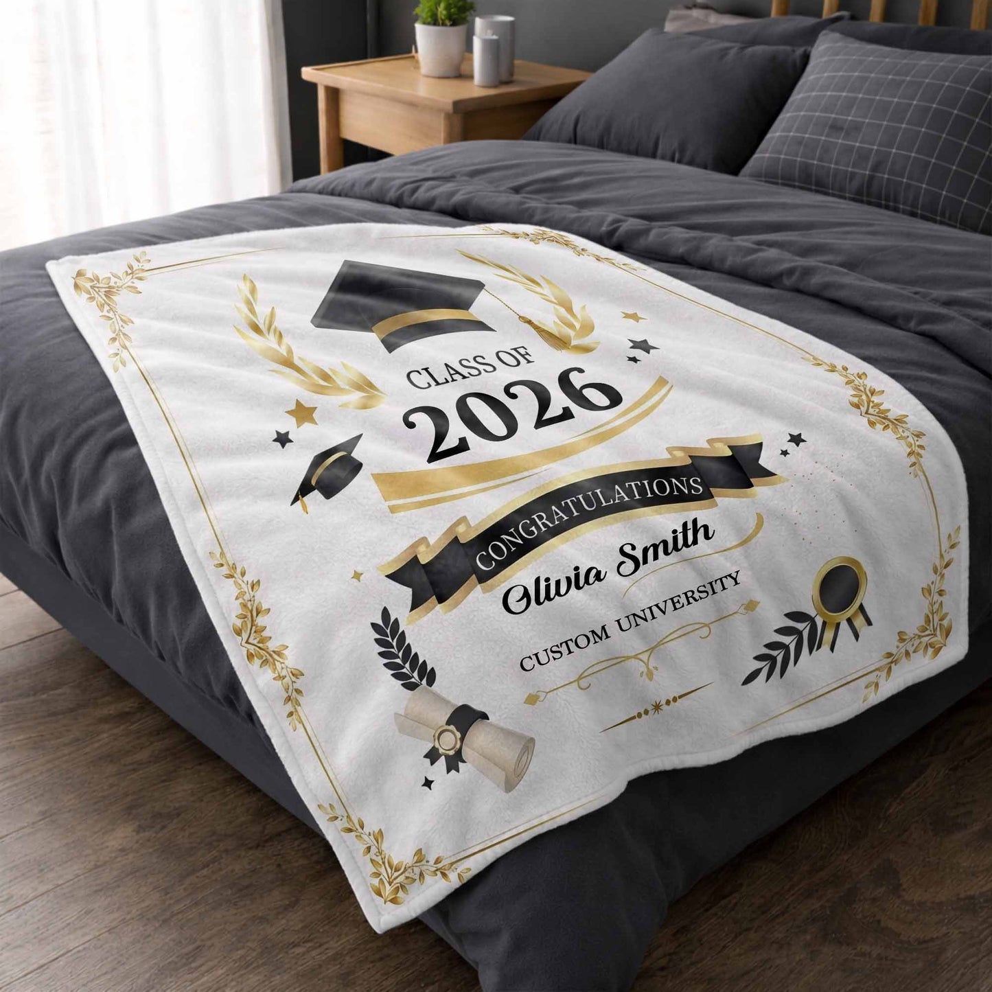 Class Of Congratulations Graduation Cap And Diploma Laurel Frame - Personalized Custom Blanket - GRAD484_BLK