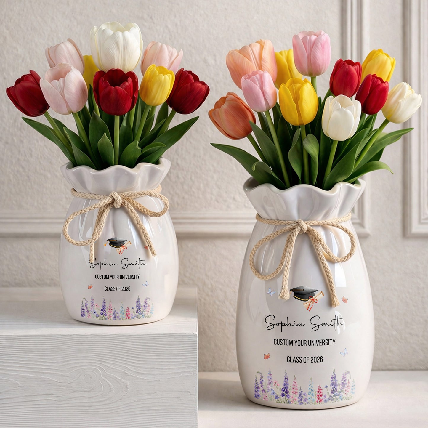 Congratulations On Your Graduation Cap And Birth Month Flowers - Personalized Ribbon Tie Flower Vase - GRAD487_RICVA