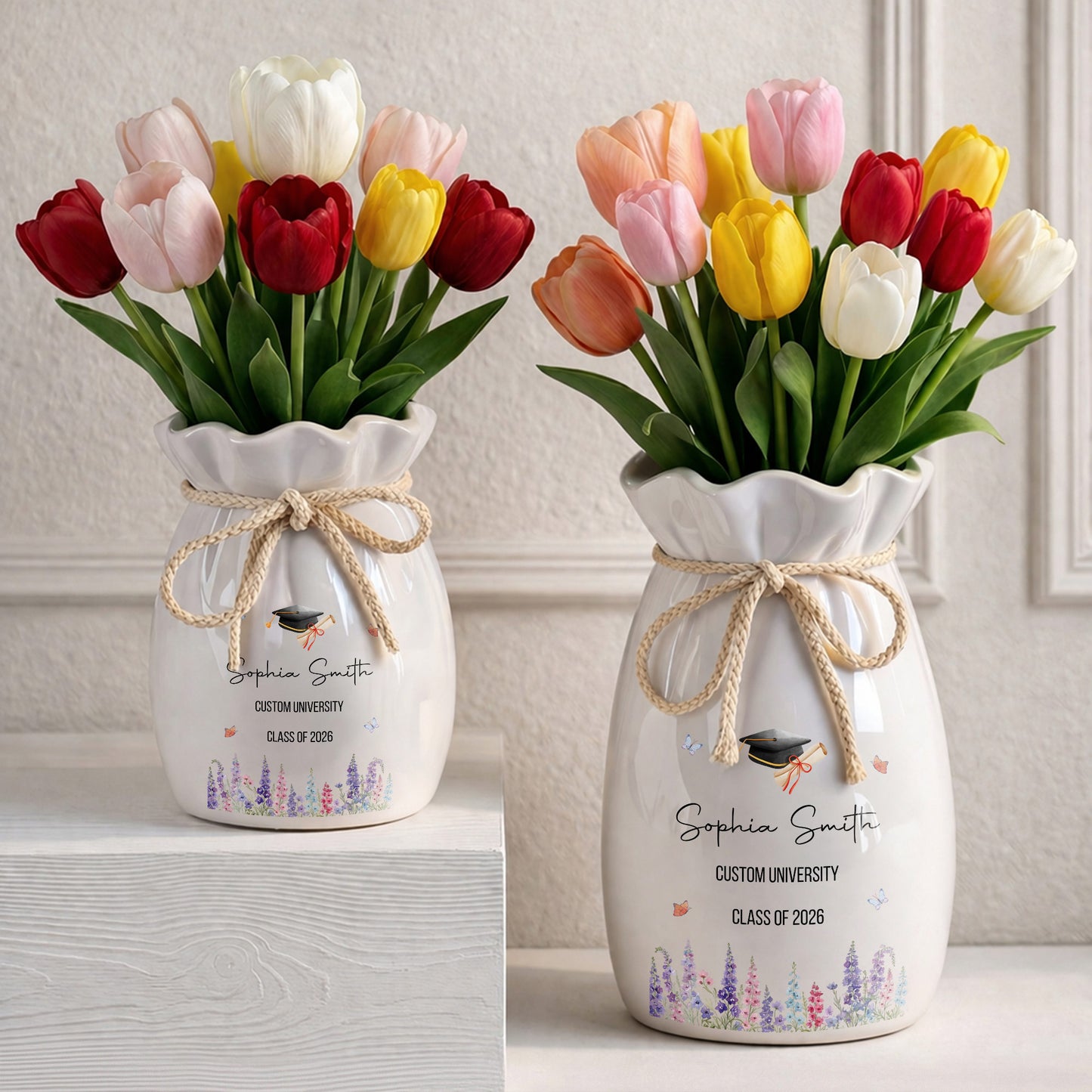 Congratulations On Your Graduation Cap And Birth Month Flowers - Personalized Ribbon Tie Flower Vase - GRAD487_RICVA