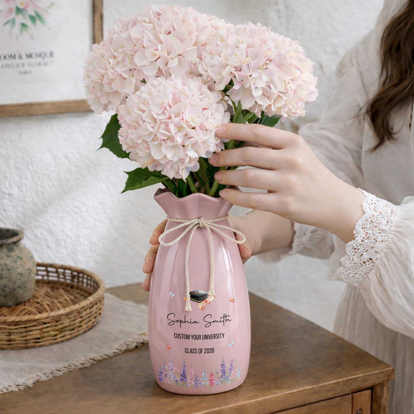 Congratulations On Your Graduation Cap And Birth Month Flowers - Personalized Ribbon Tie Flower Vase - GRAD487_RICVA