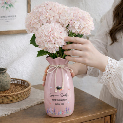 Congratulations On Your Graduation Cap And Birth Month Flowers - Personalized Ribbon Tie Flower Vase - GRAD487_RICVA