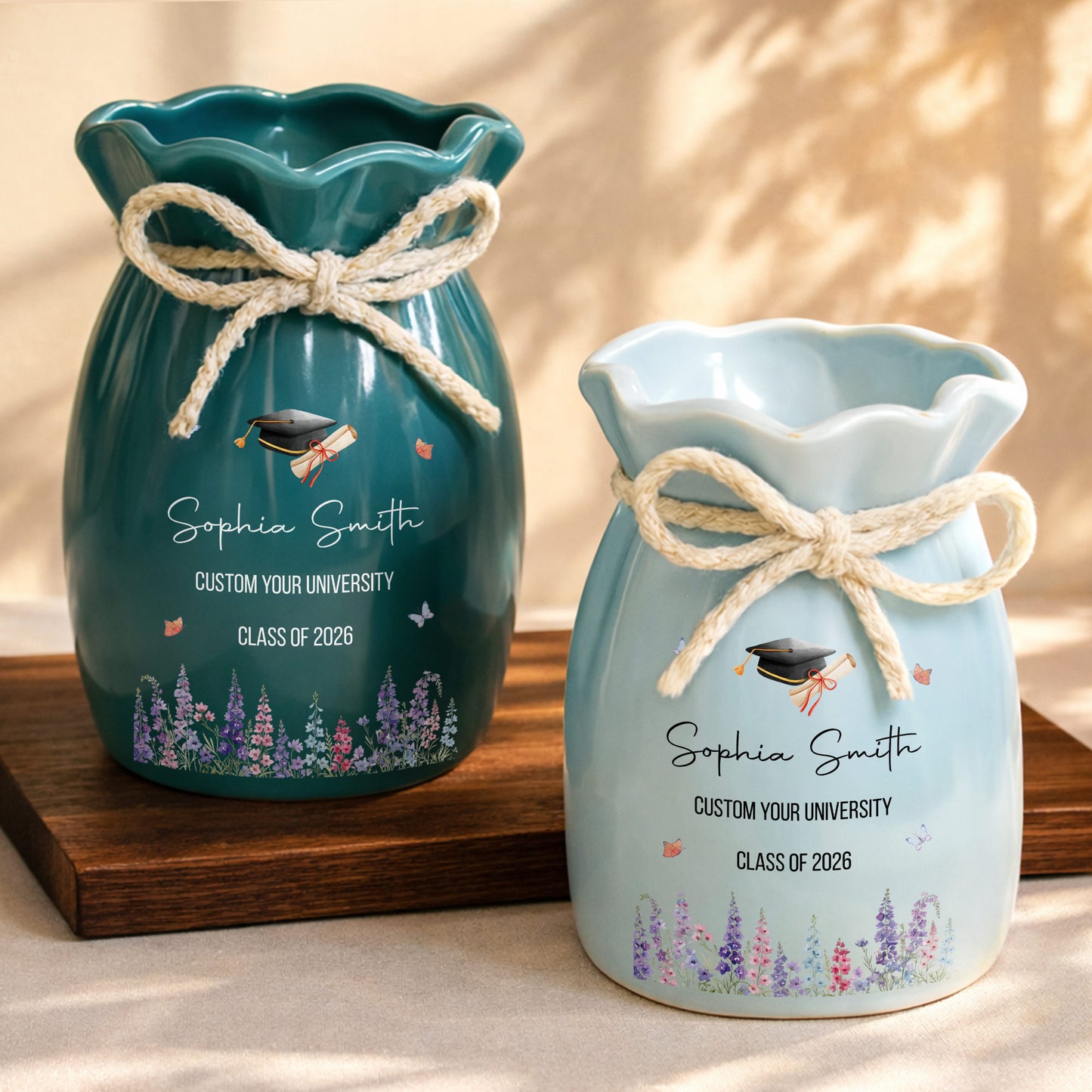 Congratulations On Your Graduation Cap And Birth Month Flowers - Personalized Ribbon Tie Flower Vase - GRAD487_RICVA