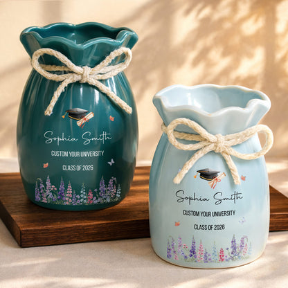 Congratulations On Your Graduation Cap And Birth Month Flowers - Personalized Ribbon Tie Flower Vase - GRAD487_RICVA