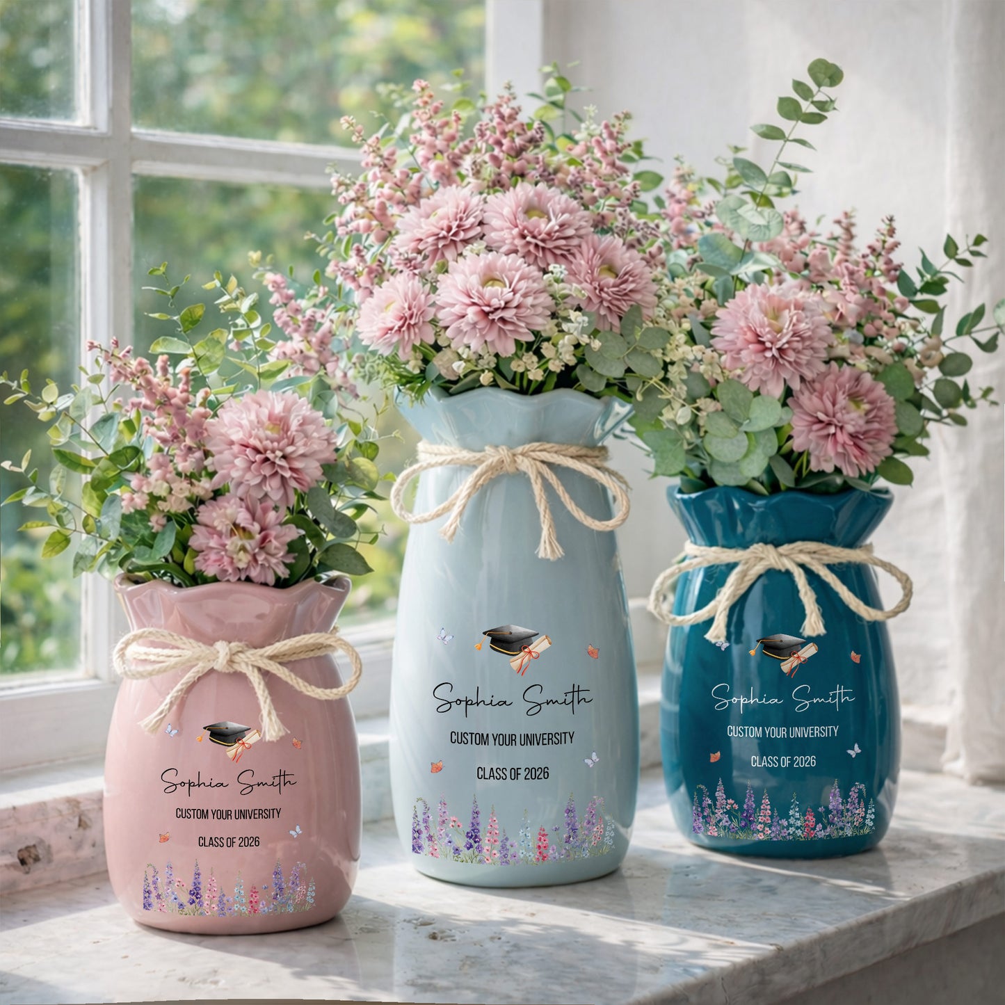 Congratulations On Your Graduation Cap And Birth Month Flowers - Personalized Ribbon Tie Flower Vase - GRAD487_RICVA