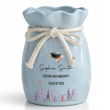 Congratulations On Your Graduation Cap And Birth Month Flowers - Personalized Ribbon Tie Flower Vase - GRAD487_RICVA