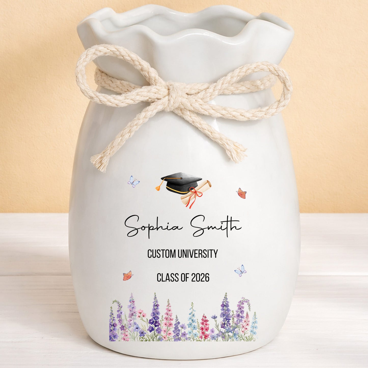 Congratulations On Your Graduation Cap And Birth Month Flowers - Personalized Ribbon Tie Flower Vase - GRAD487_RICVA