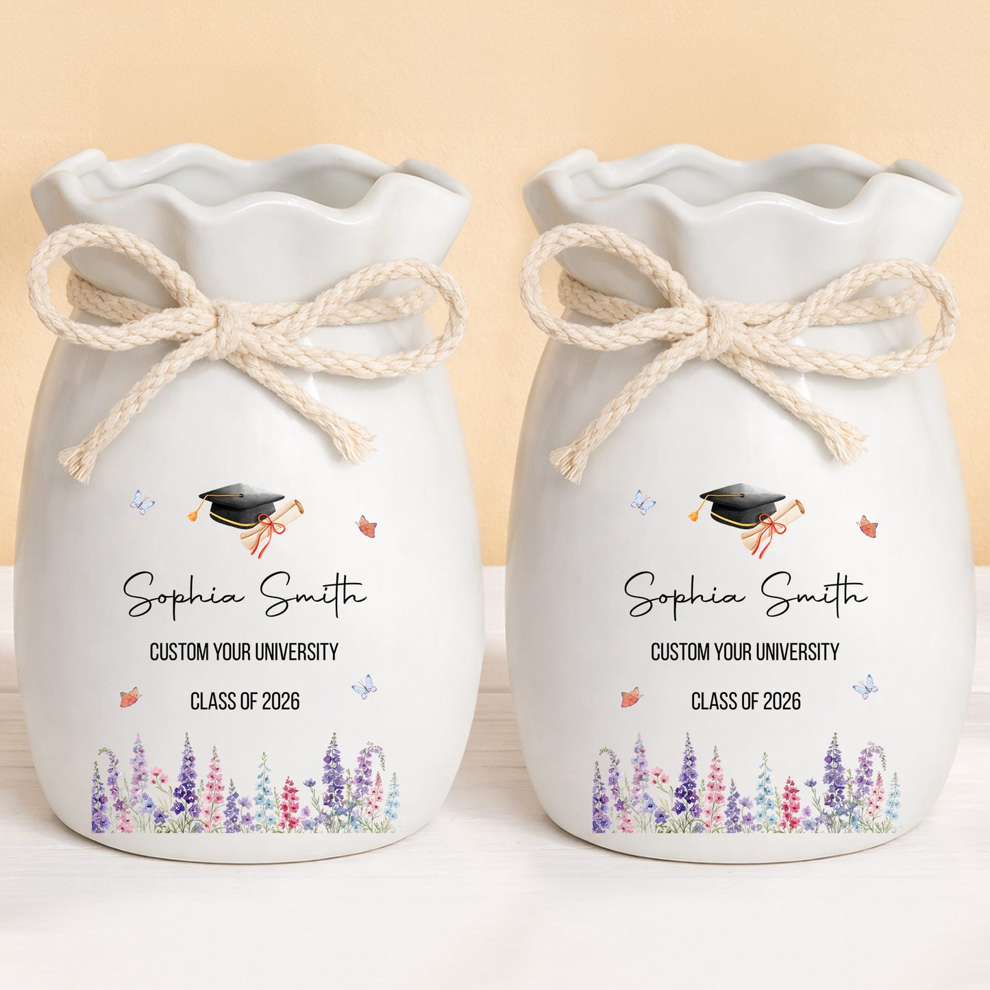 Congratulations On Your Graduation Cap And Birth Month Flowers - Personalized Ribbon Tie Flower Vase - GRAD487_RICVA