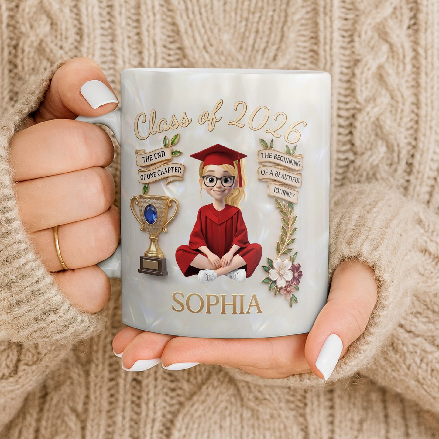 Class Of The End Of One Chapter Graduate Girl And Trophy - Personalized Custom Coffee Mug - GRAD488_MG