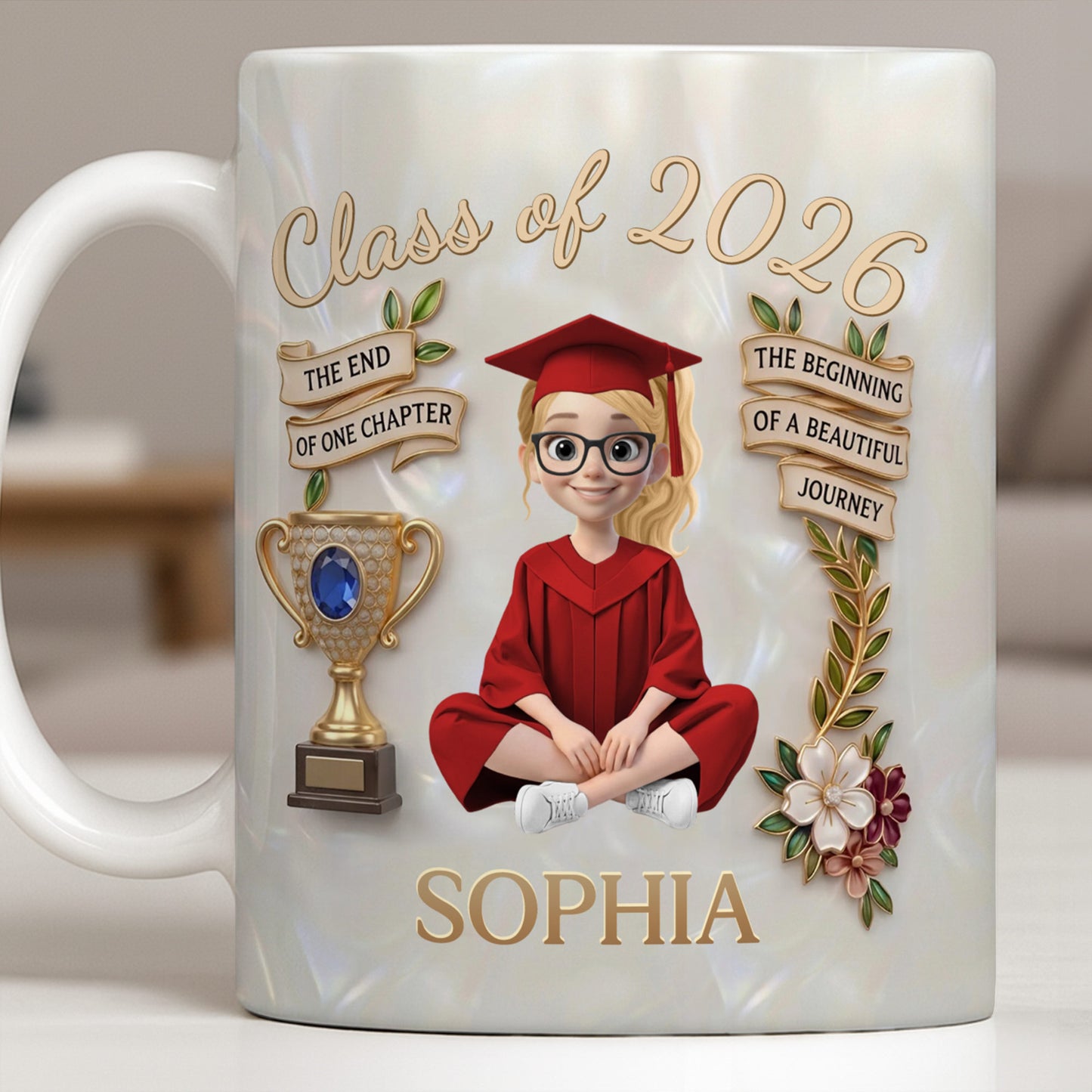 Class Of The End Of One Chapter Graduate Girl And Trophy - Personalized Custom Coffee Mug - GRAD488_MG
