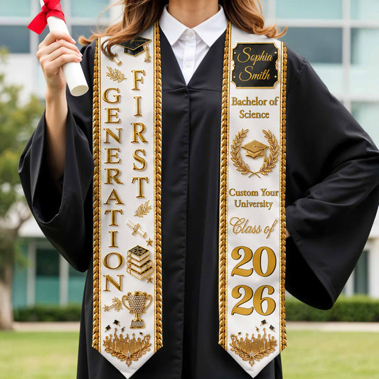 First Generation Bachelor Of Science Class Of With Laurel Wreath And Books - Personalized Graduation Stole - GRAD499_TRIGRA