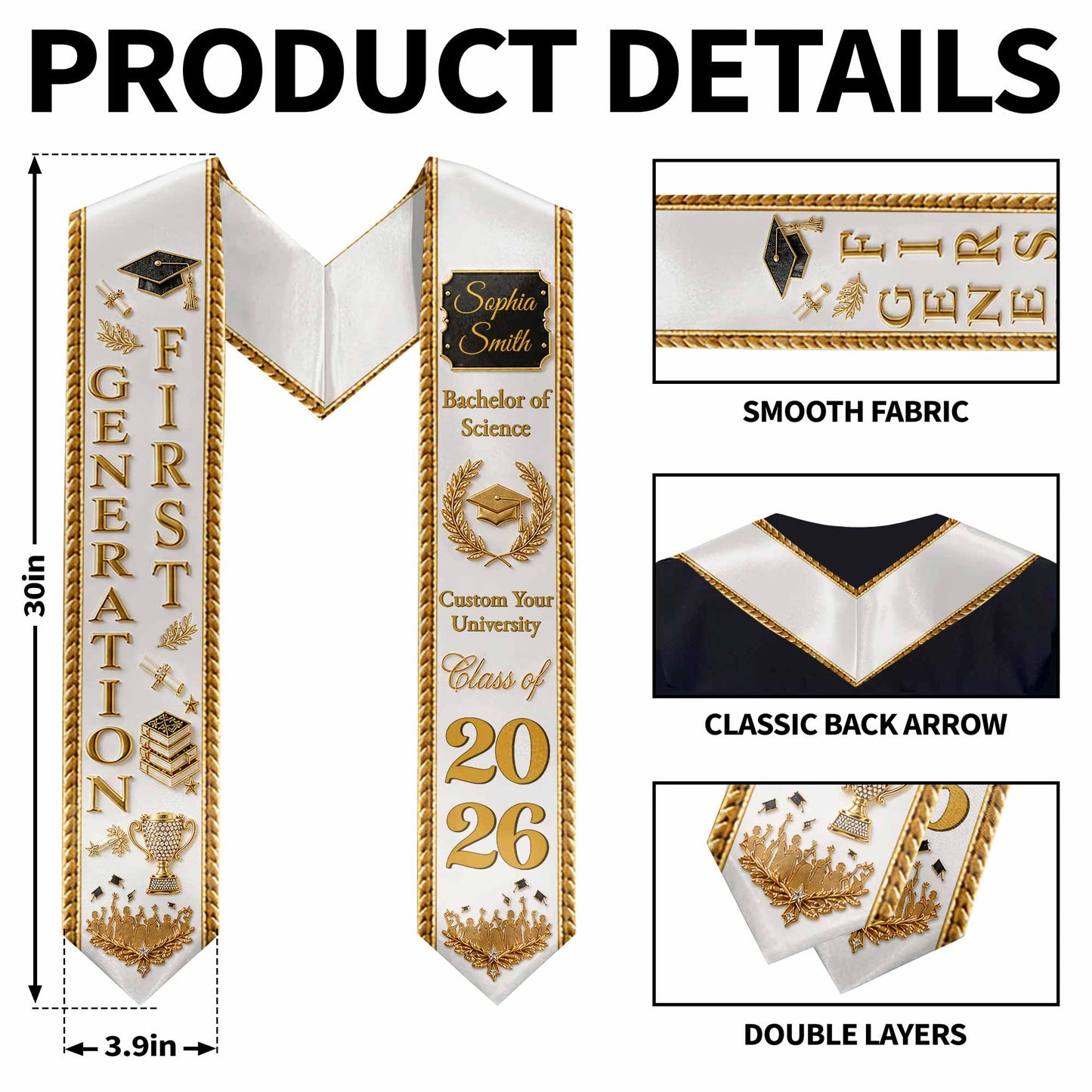 First Generation Bachelor Of Science Class Of With Laurel Wreath And Books - Personalized Graduation Stole - GRAD499_TRIGRA