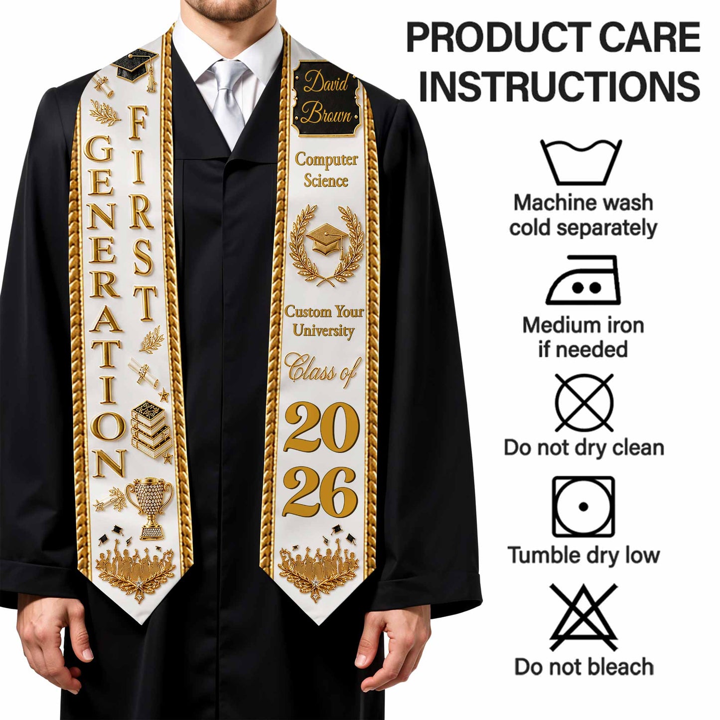 First Generation Bachelor Of Science Class Of With Laurel Wreath And Books - Personalized Graduation Stole - GRAD499_TRIGRA