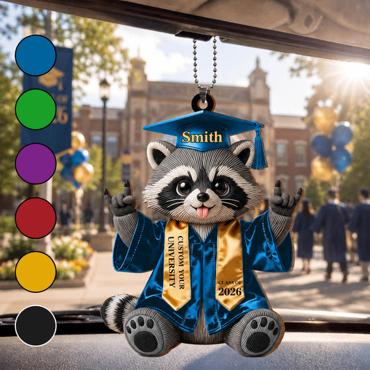 Class of Graduate Raccoon With Custom Name And University Sash - Personalized Custom Wood Ornament, Car Hanging Ornament - GRAD512_WCA