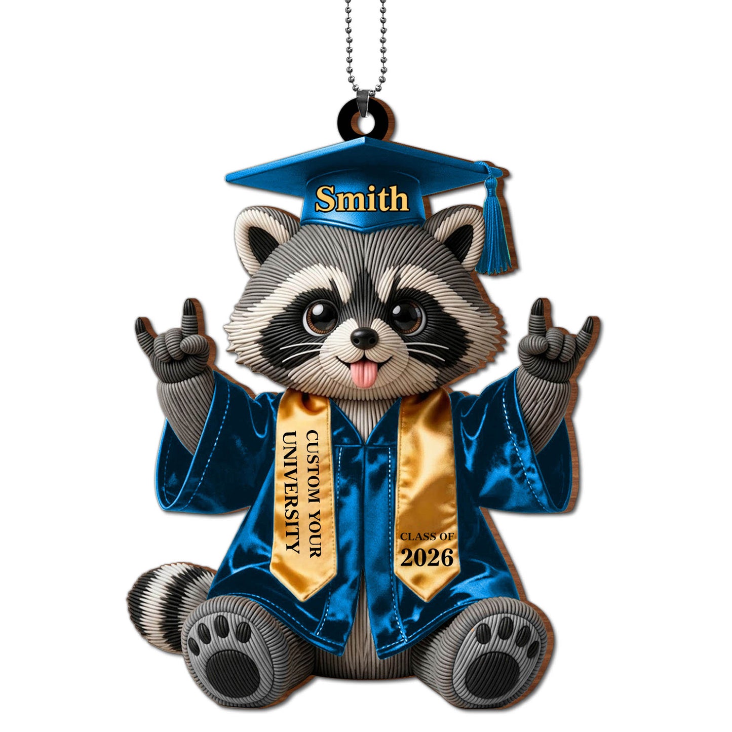 Class of Graduate Raccoon With Custom Name And University Sash - Personalized Custom Wood Ornament, Car Hanging Ornament - GRAD512_WCA