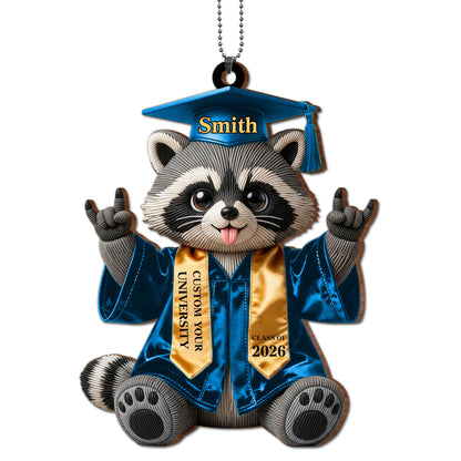 Class of Graduate Raccoon With Custom Name And University Sash - Personalized Custom Wood Ornament, Car Hanging Ornament - GRAD512_WCA