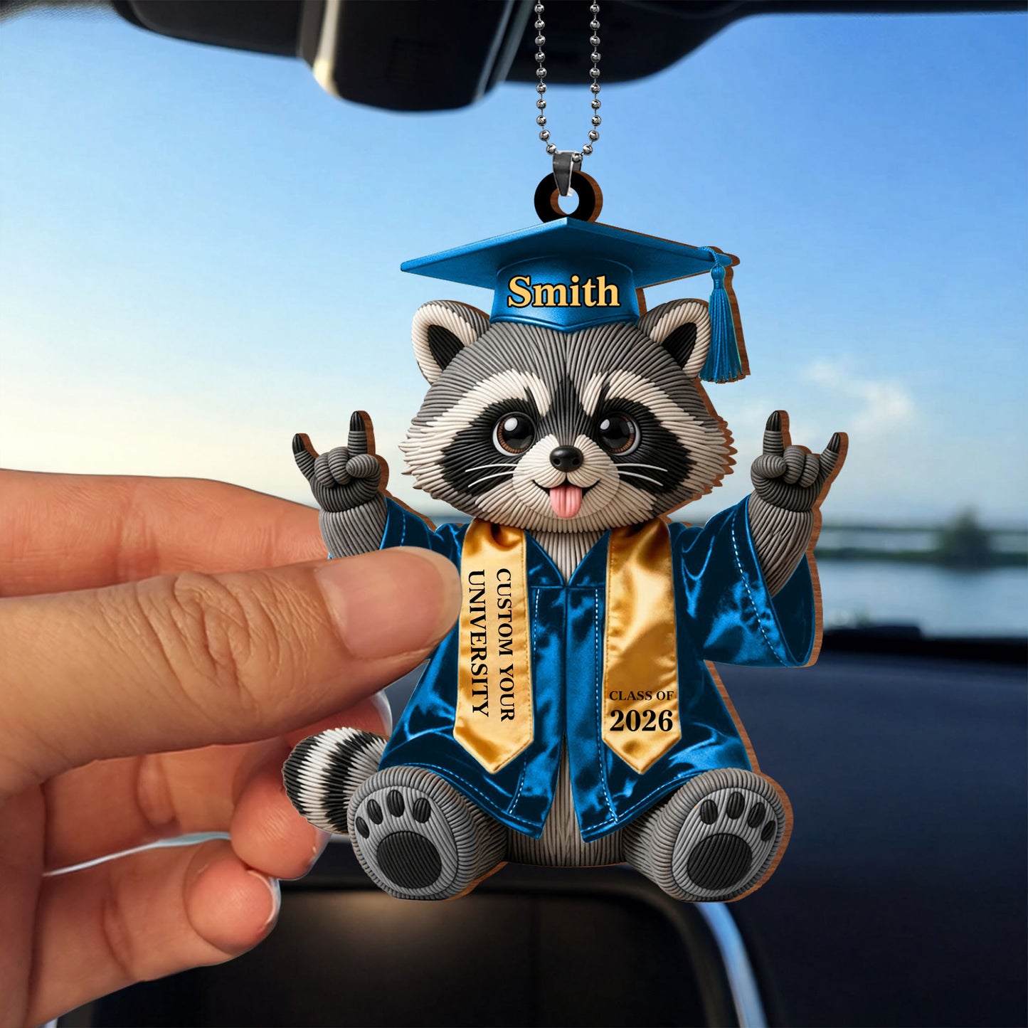 Class of Graduate Raccoon With Custom Name And University Sash - Personalized Custom Wood Ornament, Car Hanging Ornament - GRAD512_WCA