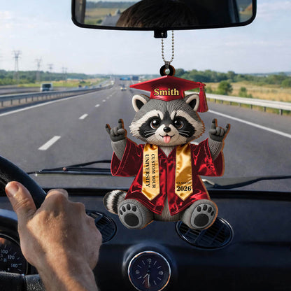 Class of Graduate Raccoon With Custom Name And University Sash - Personalized Custom Wood Ornament, Car Hanging Ornament - GRAD512_WCA