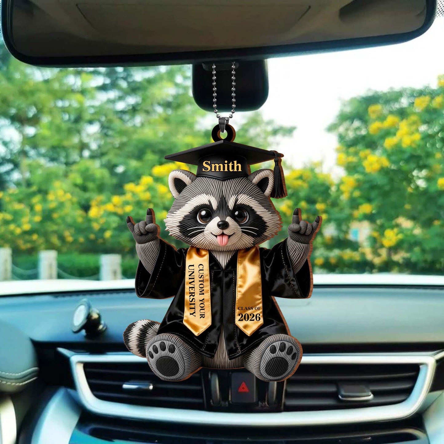 Class of Graduate Raccoon With Custom Name And University Sash - Personalized Custom Wood Ornament, Car Hanging Ornament - GRAD512_WCA